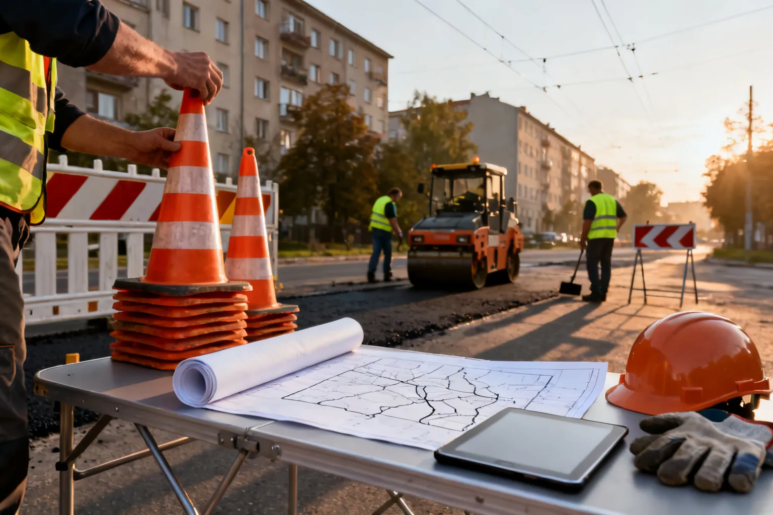 Ręce pracowników ustawiają pachołek i plan projektu przy stole, w tle ekipa układa nowy asfalt na krakowskiej ulicy.