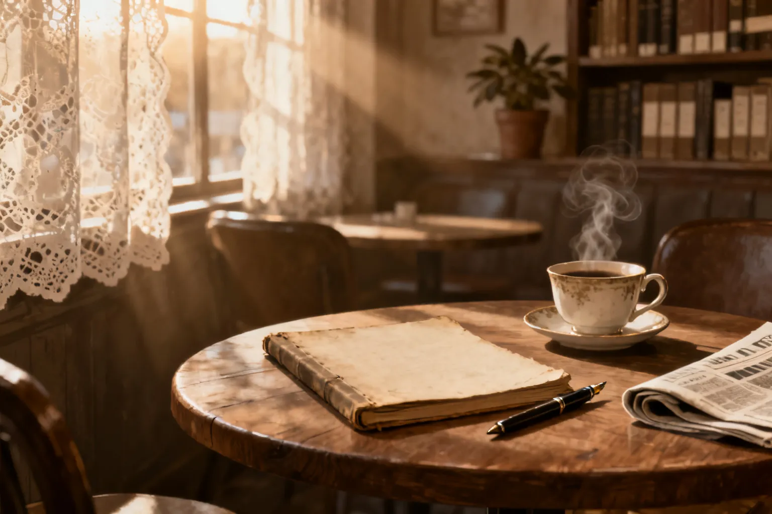 Kawiarniany stół z parującą porcelanową filiżanką, starym notesem i piórem w przytulnym, sepia wnętrzu Krakowa, poranne światło.