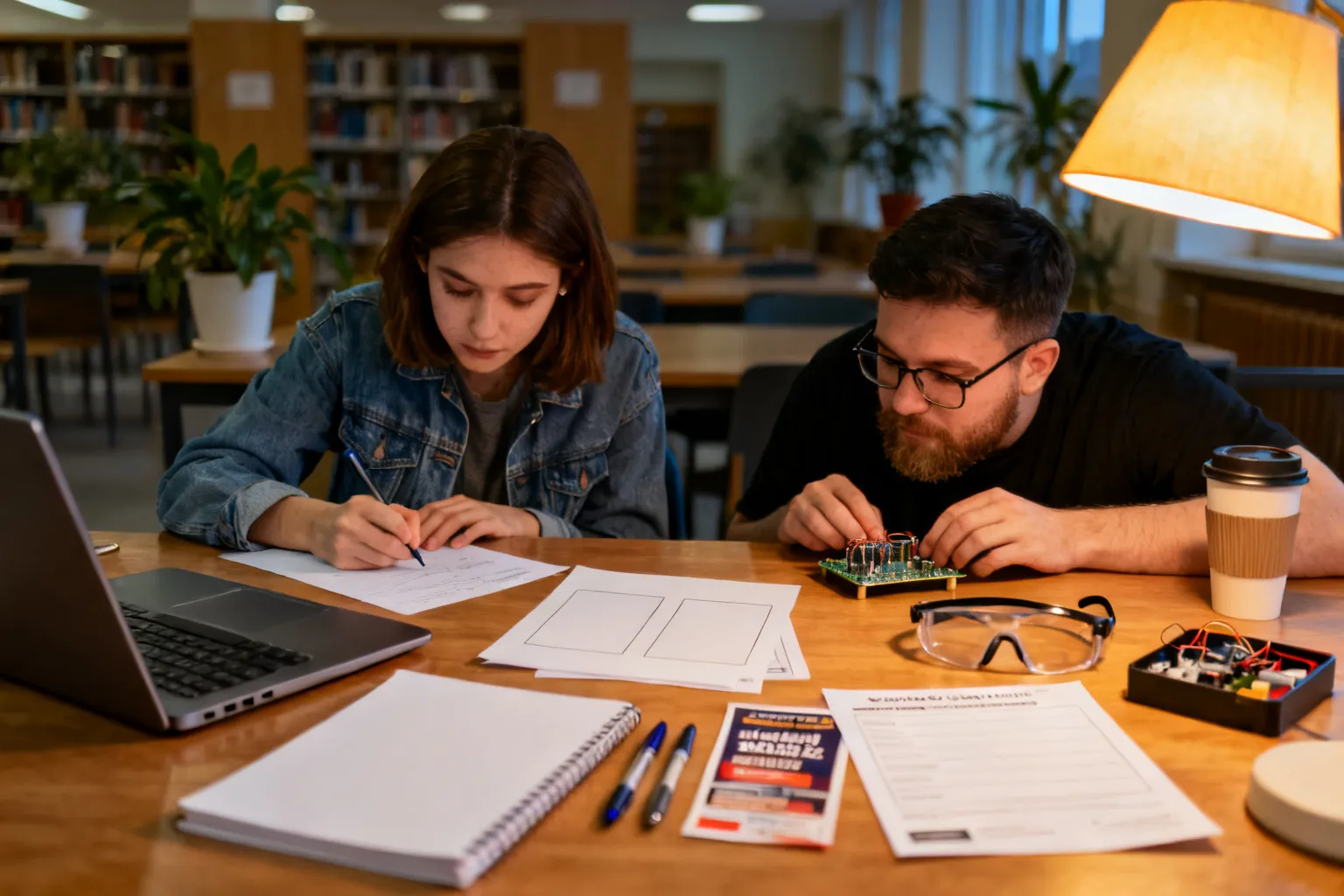 Stolik z materiałami kół naukowych: notatnik, laptop, narzędzia i zestaw elektroniczny; dwoje studentów pracuje nad projektem w przytulnej sali.