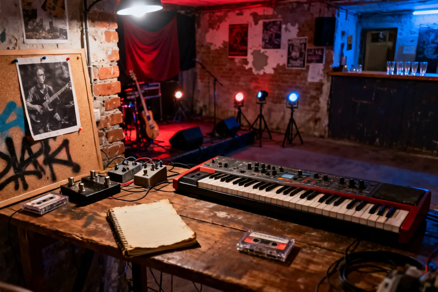 Nastrojowe wnętrze krakowskiego DIY klubu: stół z analogowym sprzętem muzycznym, kasetami i plakatami, scena i bar w tle.
