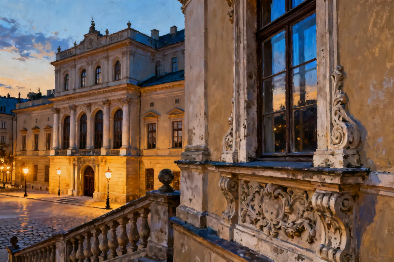 Wieczorny widok eleganckiej fasady krakowskiego pałacu z detalami kamiennej balustrady i oświetlonymi oknami, zapraszający do zwiedzania.
