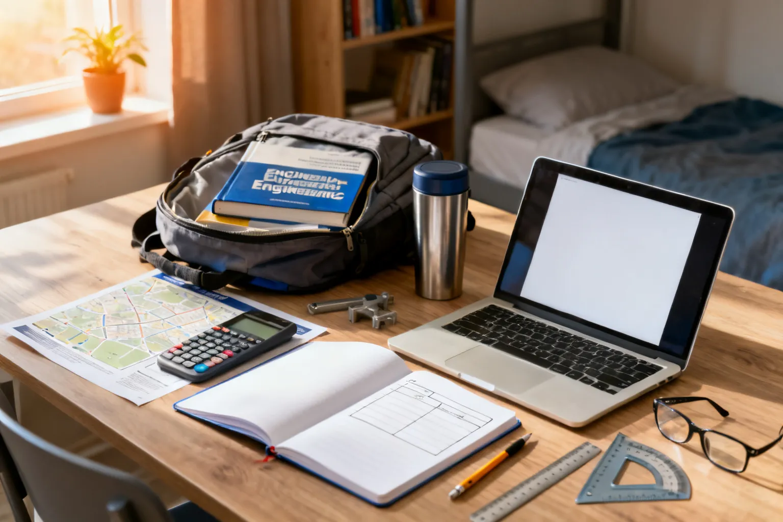 Porządek na biurku studenta: przybory inżynierskie, otwarty notes i laptop, plecak z podręcznikami przy porannym świetle.