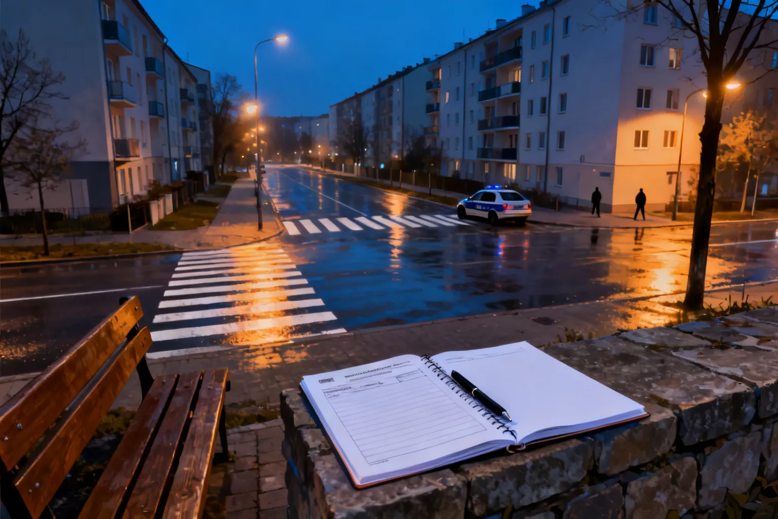 Pusty notes na murku i ławka przy spokojnej, oświetlonej ulicy w Krakowie; w tle dystansowy radiowóz i mokry pas przejścia.