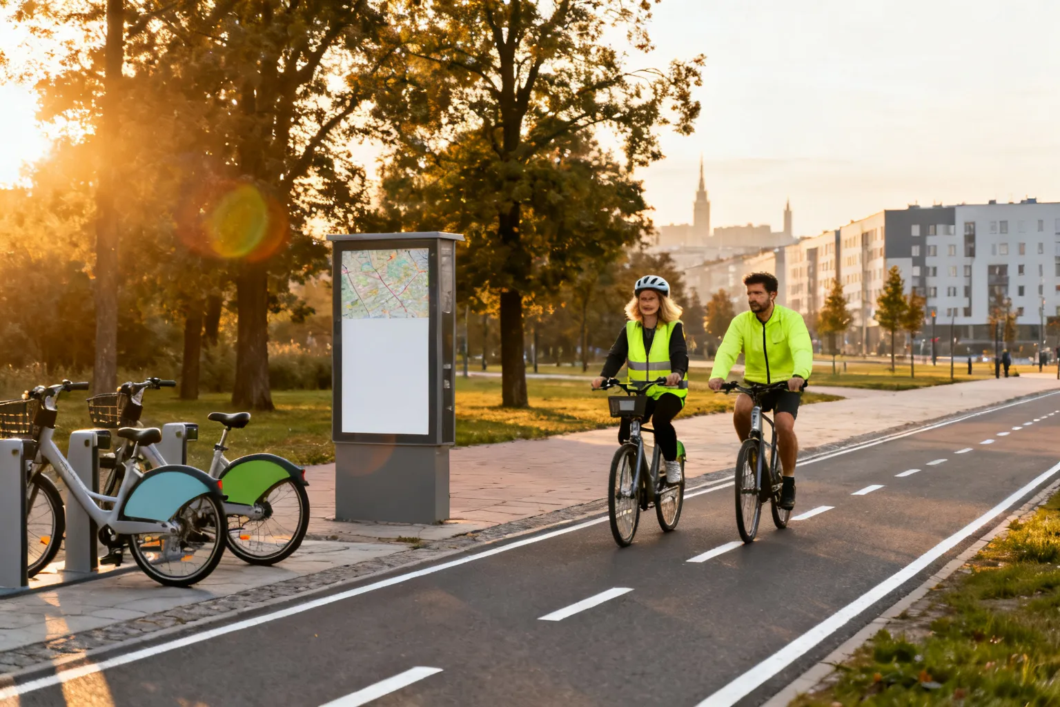 Zadbana ścieżka rowerowa w Krakowie o złotej godzinie z wyraźnymi pasami, stojakiem z rowerami i dwoma rekreacyjnymi rowerzystami.