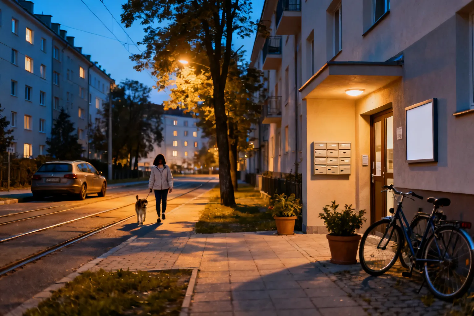 Spokojna krakowska uliczka o zmierzchu: chodnik z rowerami i donicami, wejście do kamienicy, kobieta prowadząca psa przy pustych torach tramwajowych.