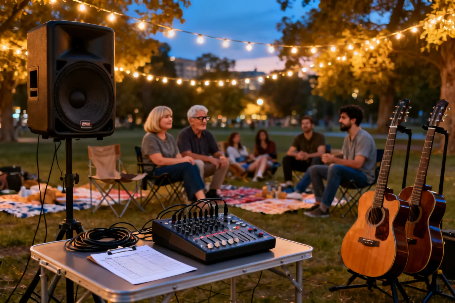 Małe plenerowe nagłośnienie i konsola przy gitarach, a w tle niewielka, zrelaksowana publiczność przy lampkach wieczorem.