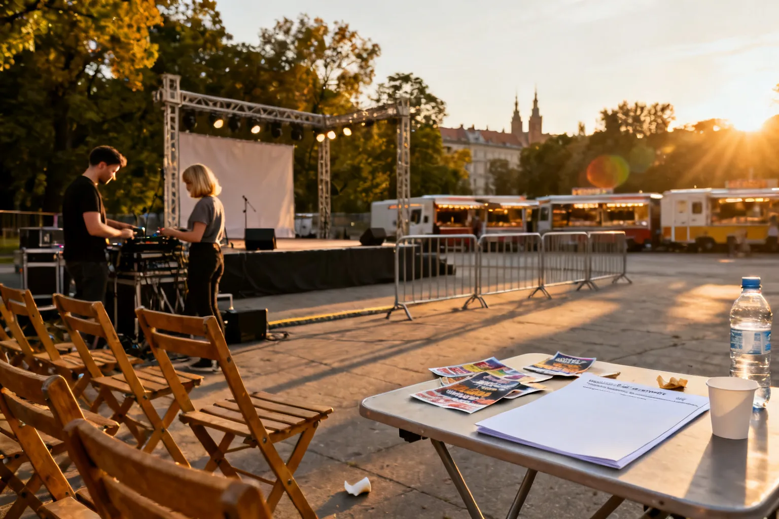 Puste składane krzesła i scena podczas złotej godziny w plenerowym festiwalu w Krakowie, technicy kończą przygotowania.