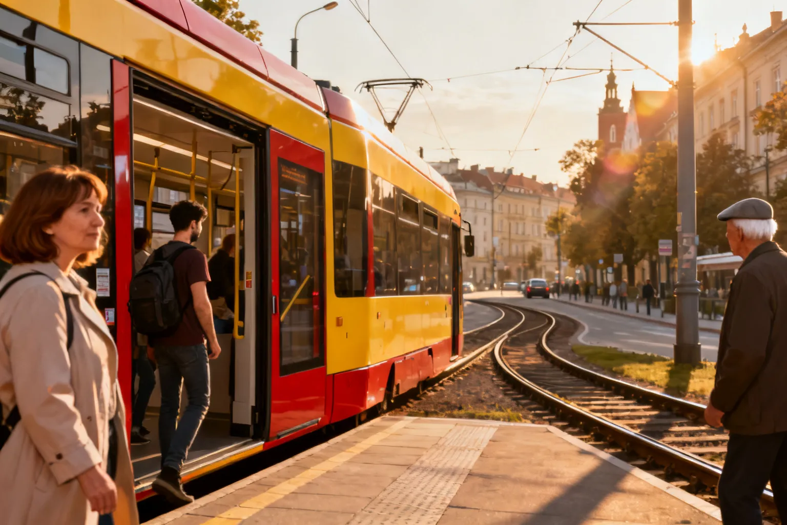 Żółto-czerwony tramwaj na krakowskim przystanku o zmierzchu, pasażerowie wsiadają na tle zabytkowej ulicy.