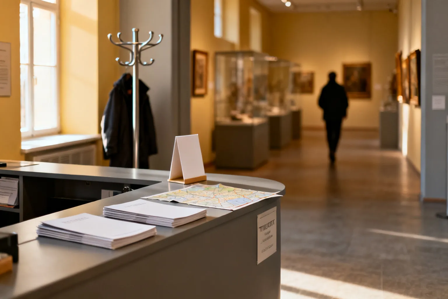 Wejście do miejskiego muzeum w Krakowie z ladą biletową i bezpłatnymi broszurami, zapraszające do zwiedzania wystaw.
