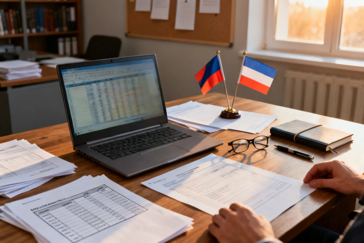 Porządek na biurku: laptop, dokumenty projektowe, budżet, okulary i notes przy przypince z dwiema neutralnymi flagami, poranna jasność.