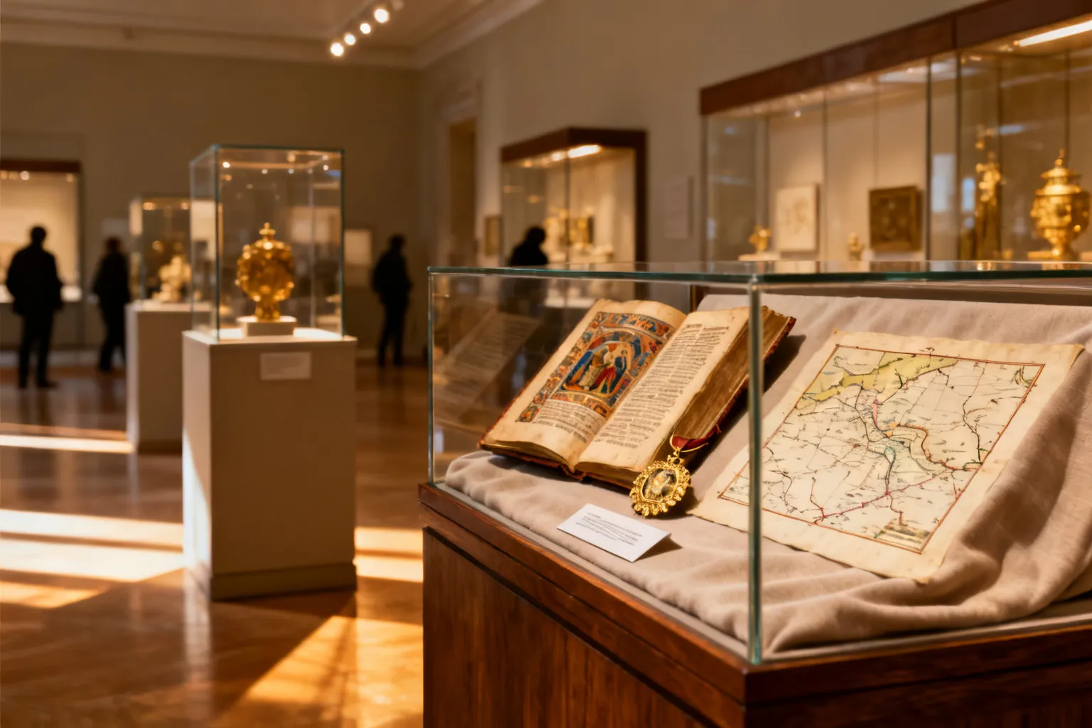 Wnętrze galerii z otwartą witryną eksponującą iluminowane manuskrypty, ozdobny medal i historyczną mapę; w tle zarys odwiedzających.