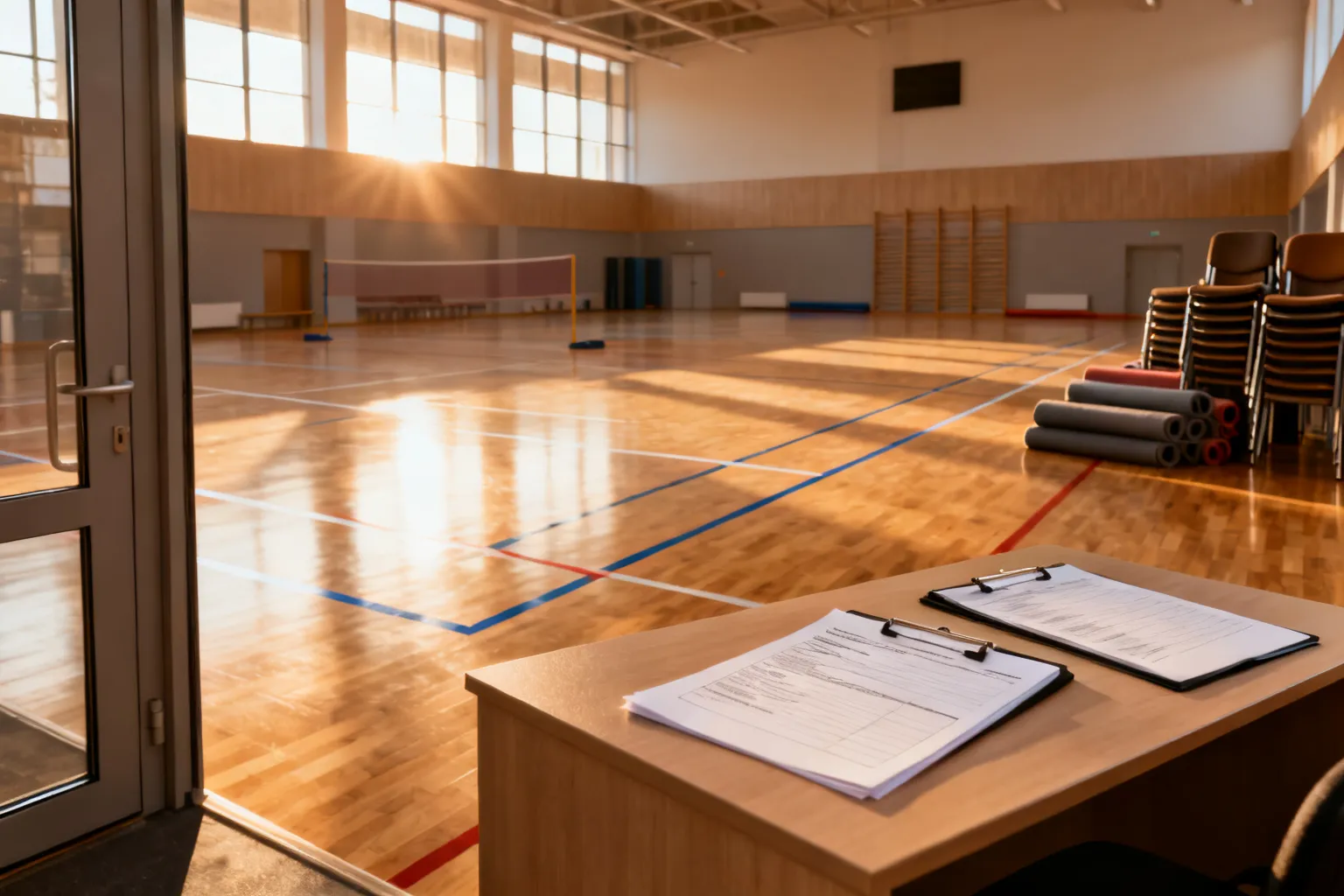 Widok pustej, nowoczesnej hali sportowej z wypożyczalnym biurkiem rezerwacji i światłem wpadającym przez wysokie okna.