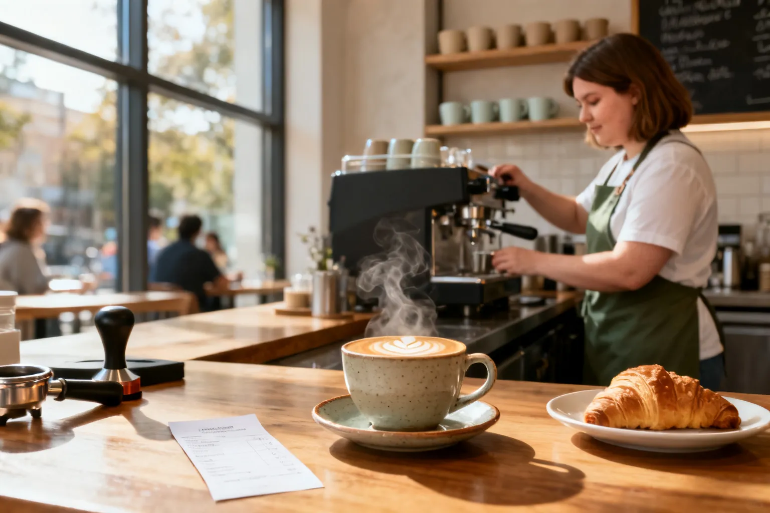 Przytulne wnętrze kawiarni o poranku: espresso i latte z wzorem na stole obok croissanta, baristka przy ekspresie.
