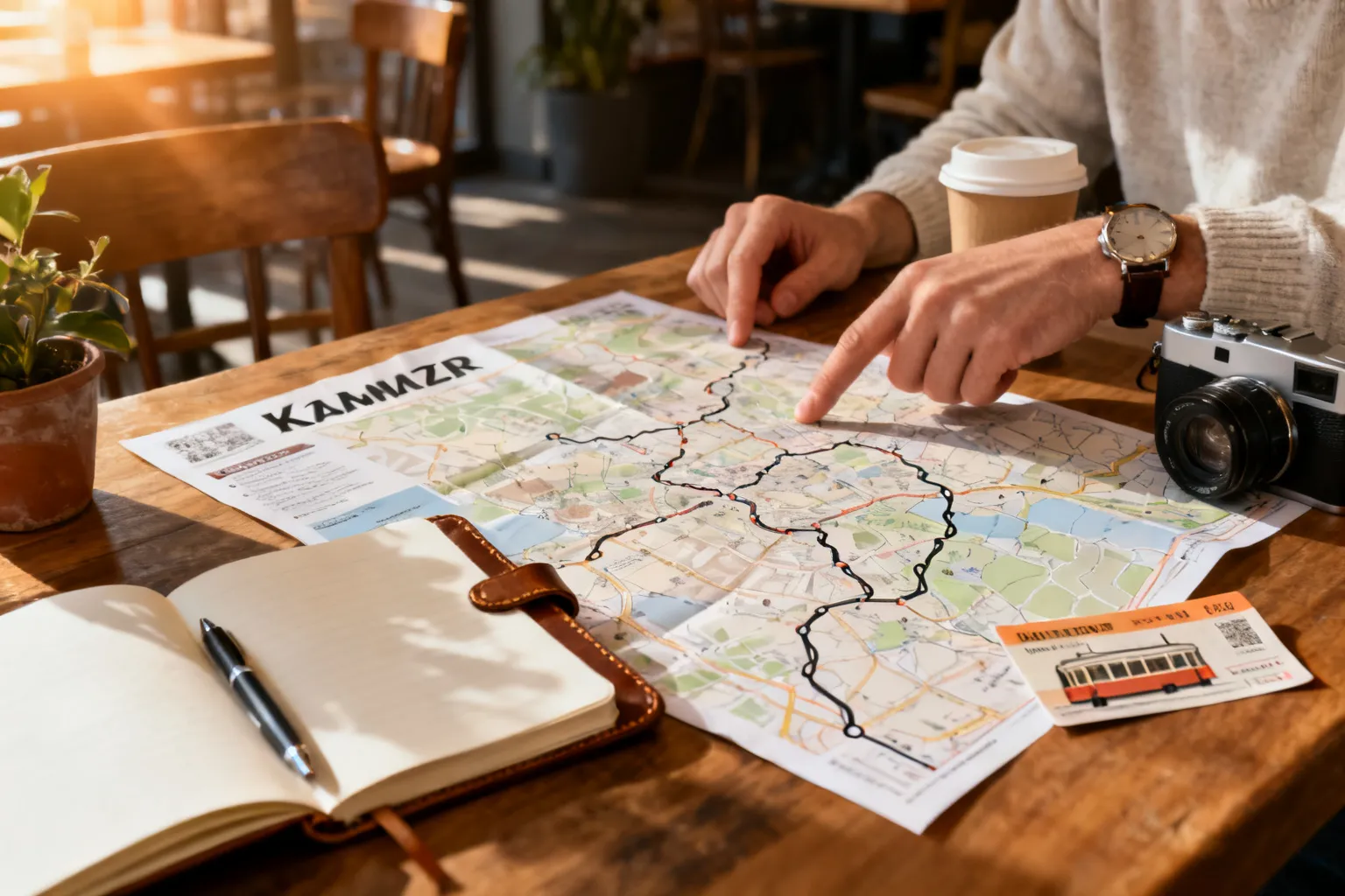 Osoba planująca trasę po Kazimierzu przy kawie: mapa z ręcznie zaznaczonymi drogami, notes, długopis i aparat na drewnianym stole.