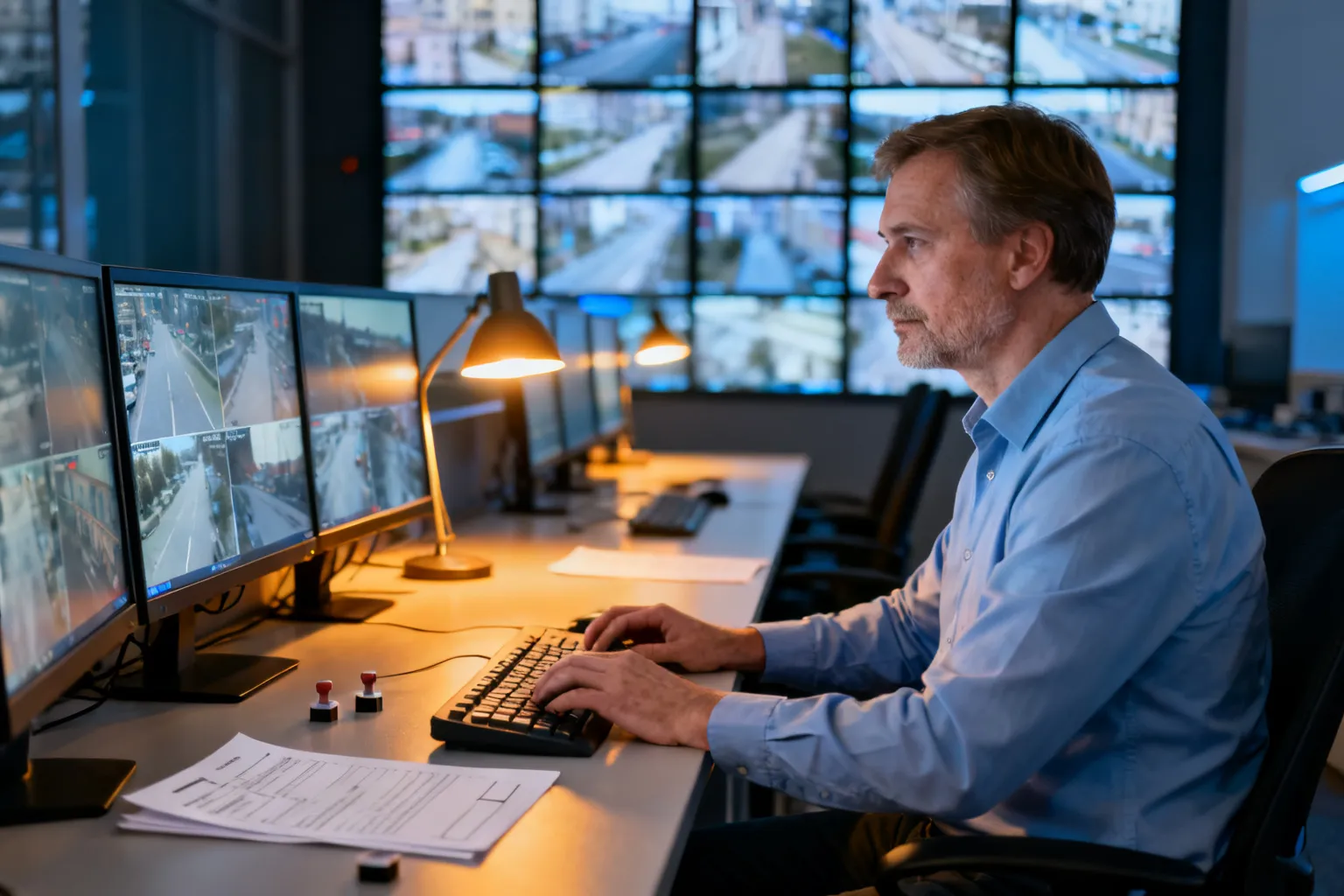 Operator monitoringu miejskiego w Krakowie przy biurku z wieloma monitorami pokazującymi rozmyte ujęcia ulic, skupiony na pracy przy klawiaturze.